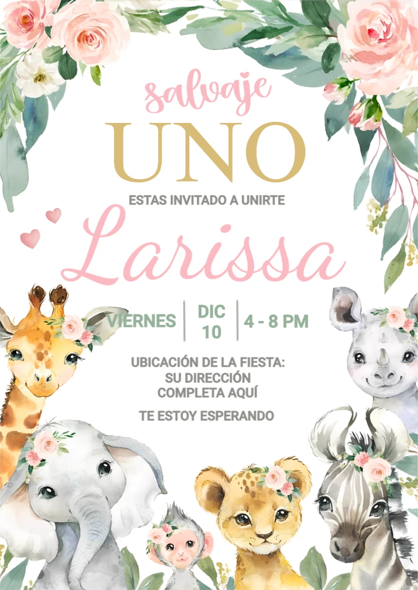 Invitación de Cumpleaños Salvaje Uno con Animalitos para Editar
