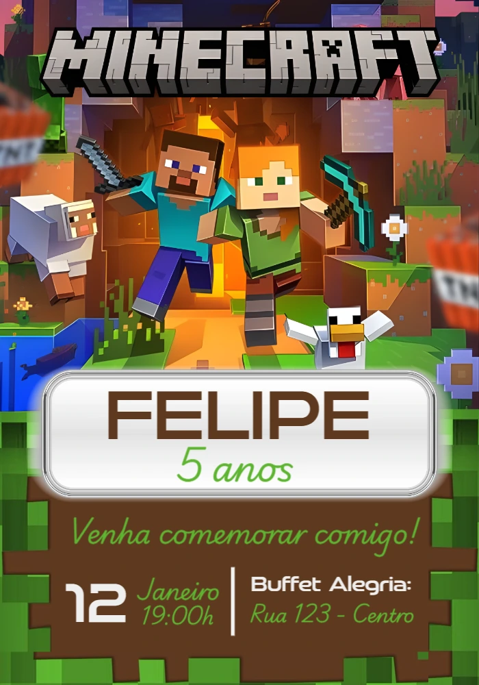 Convite Digital Minecraft Aniversário Infantil Editável