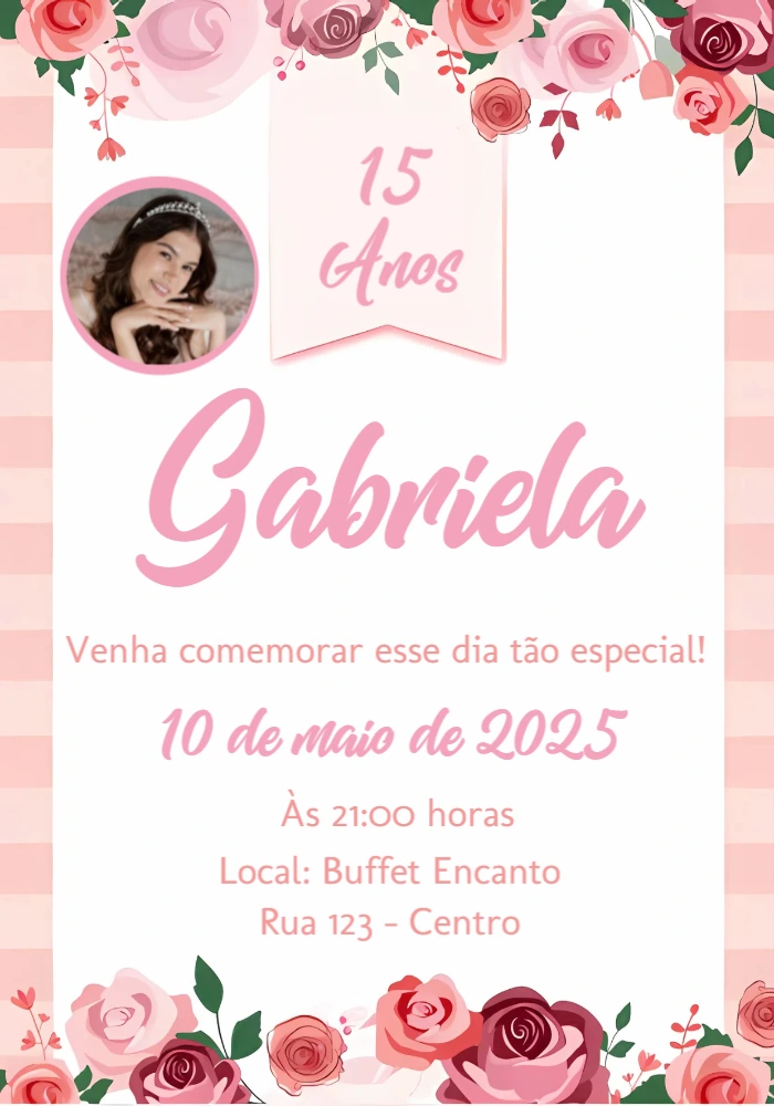 Convite de 15 Anos Floral com Foto para Editar Online