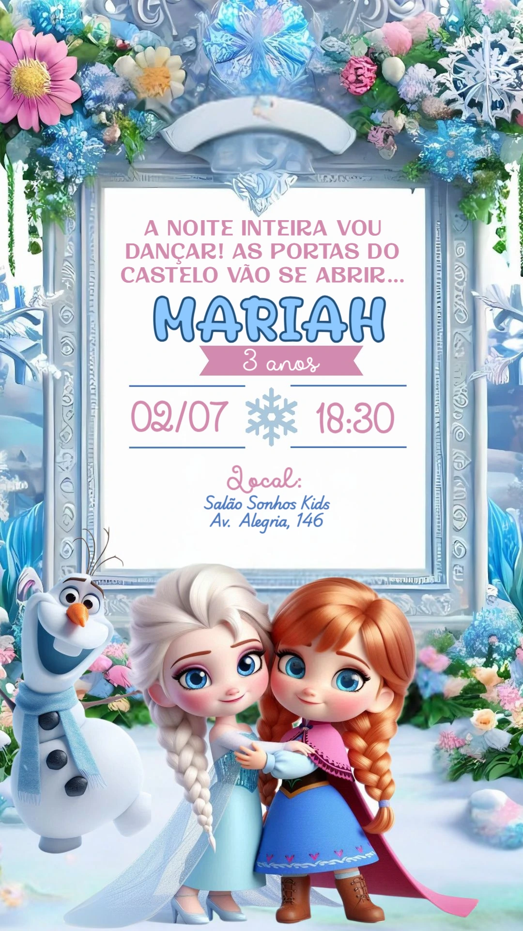 Convite Aniversário Frozen com Personagens para Editar Online