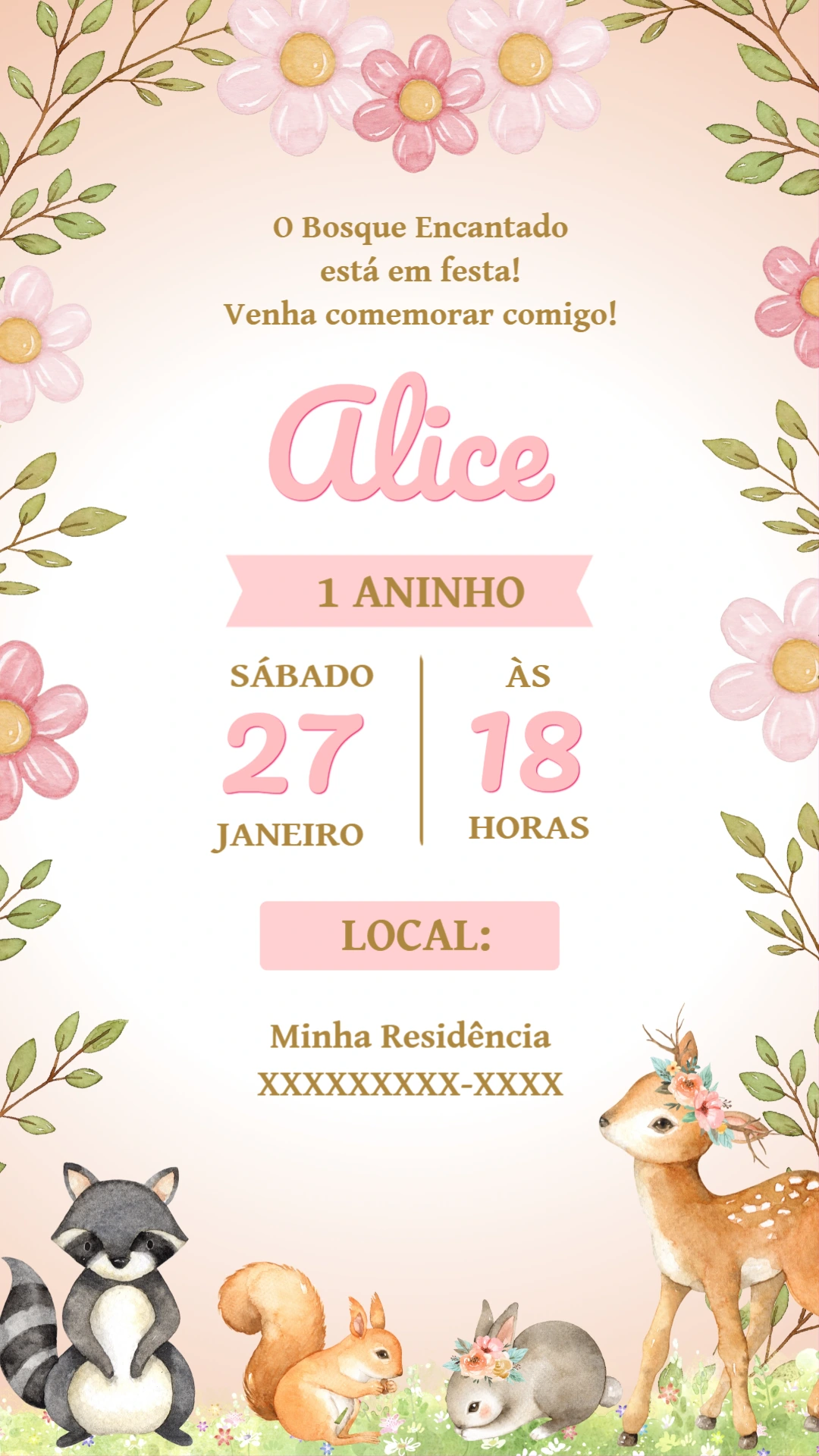 Convite Aniversário Bosque Encantado Editável com Animais