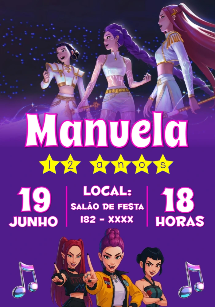 Convite Aniversário K-pop com Guerreiras para Editar Online
