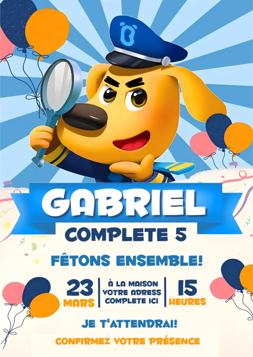 Invitation d'anniversaire Chien Détective à modifier