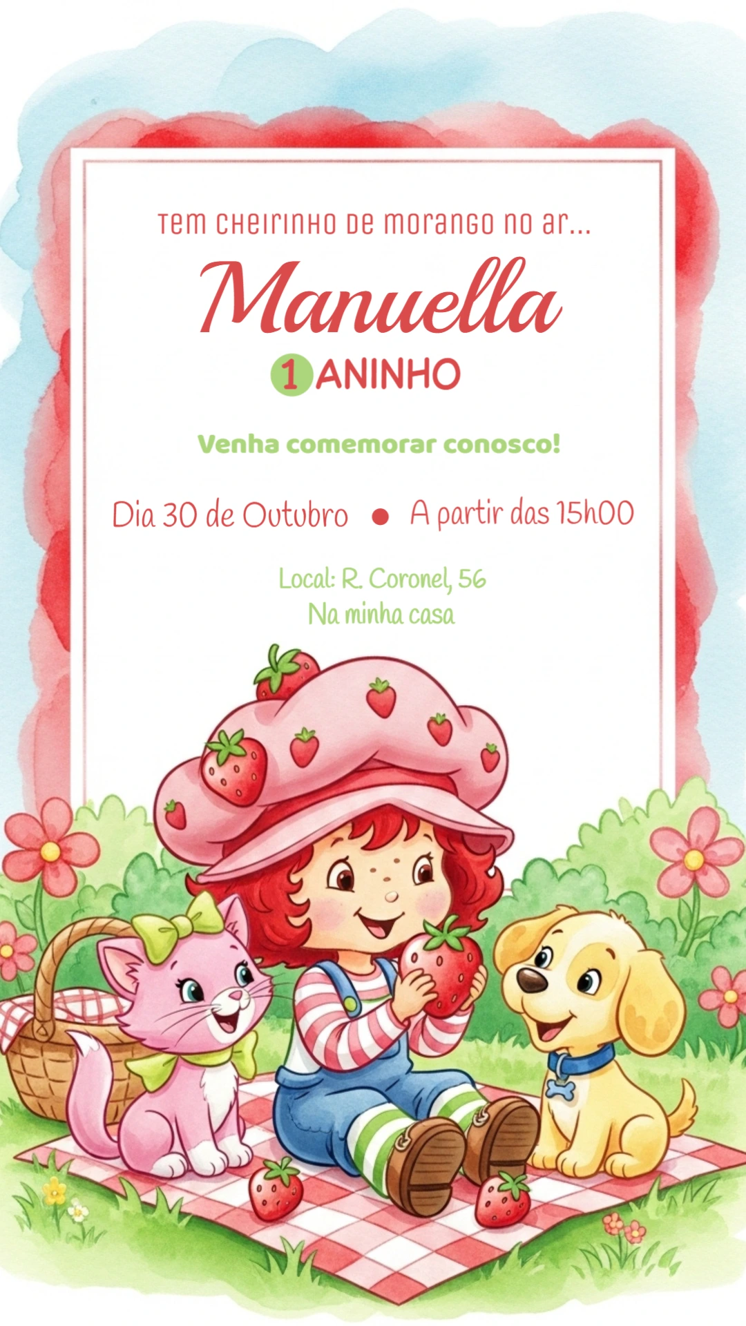 Convite de Aniversário Moranguinho Clássica para Editar Online