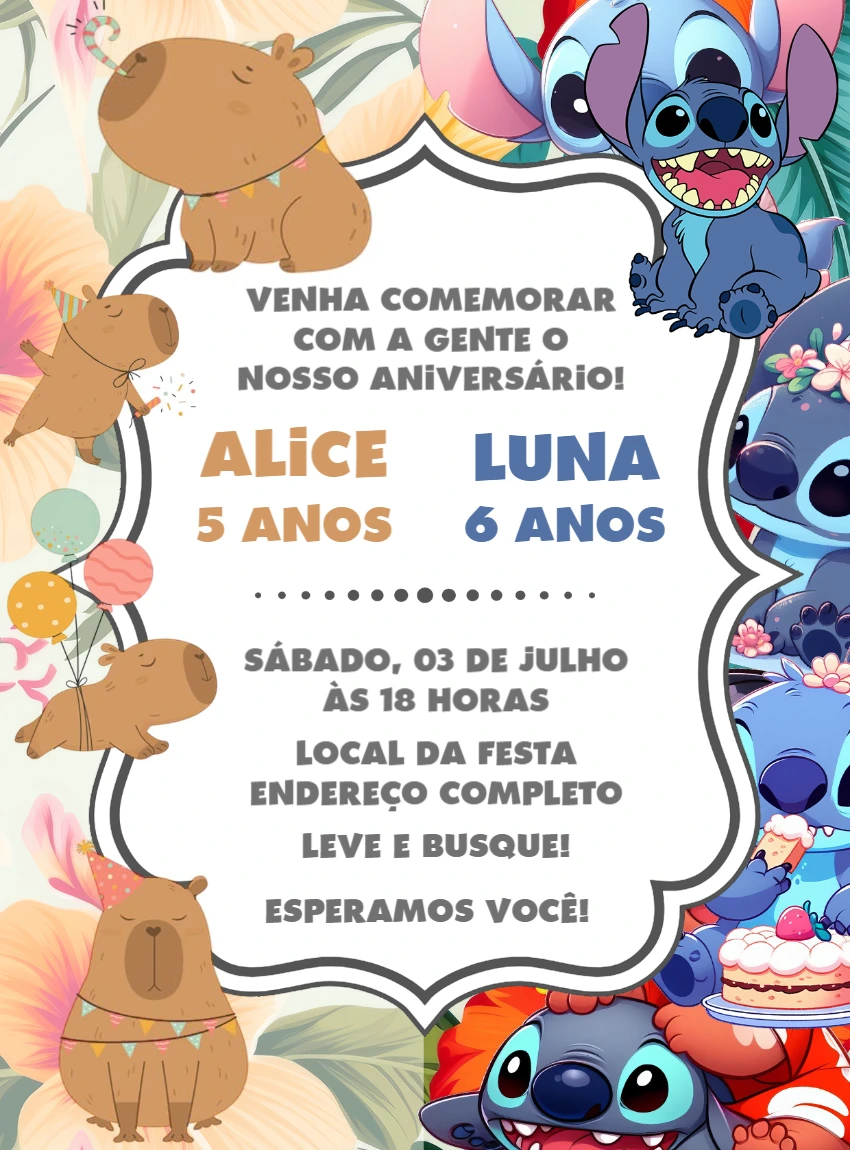Convite Aniversário Duplo Capivara e Stitch para Editar Online
