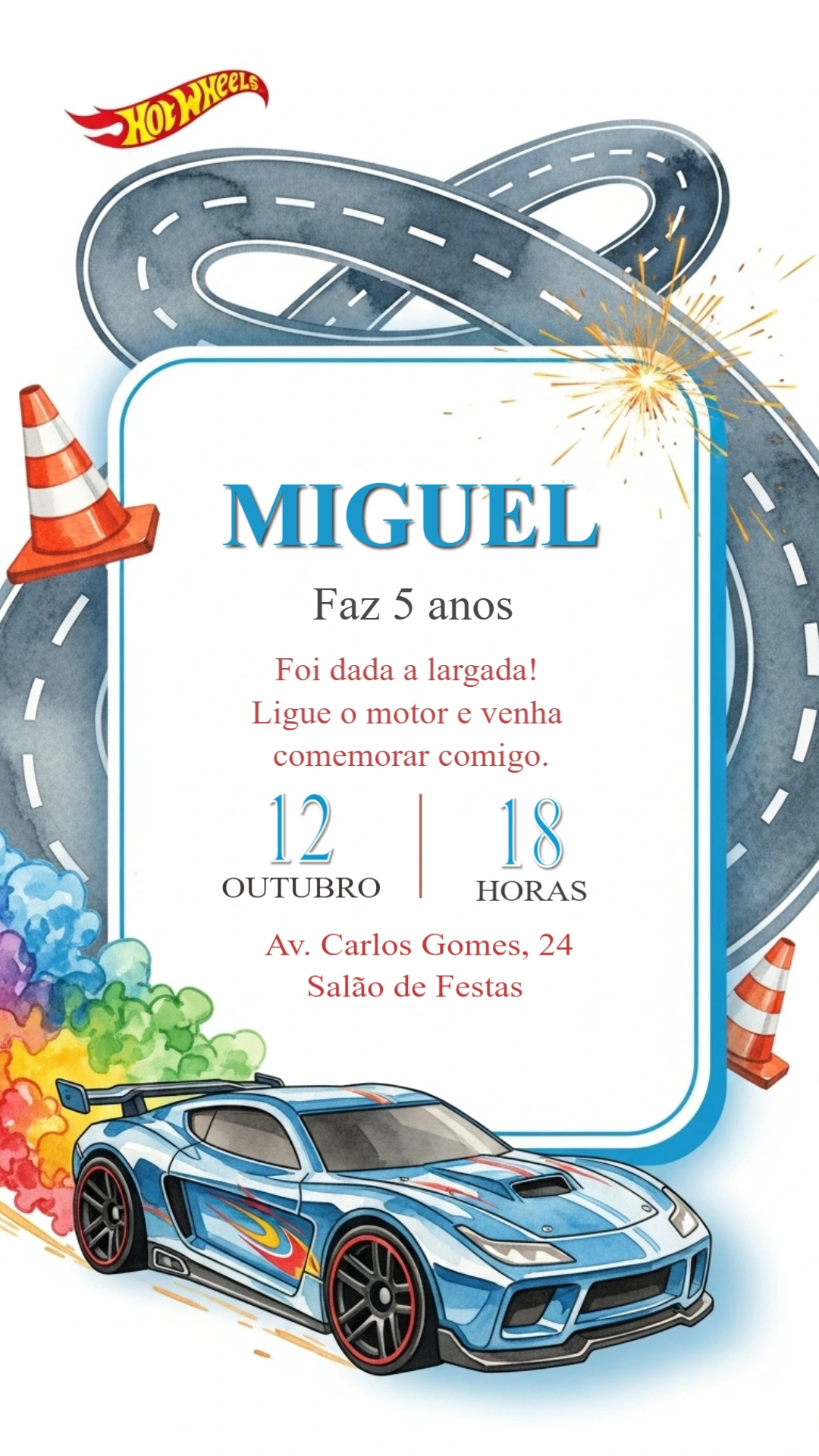 Convite de Aniversário Hot Wheels com Carros para Editar Online