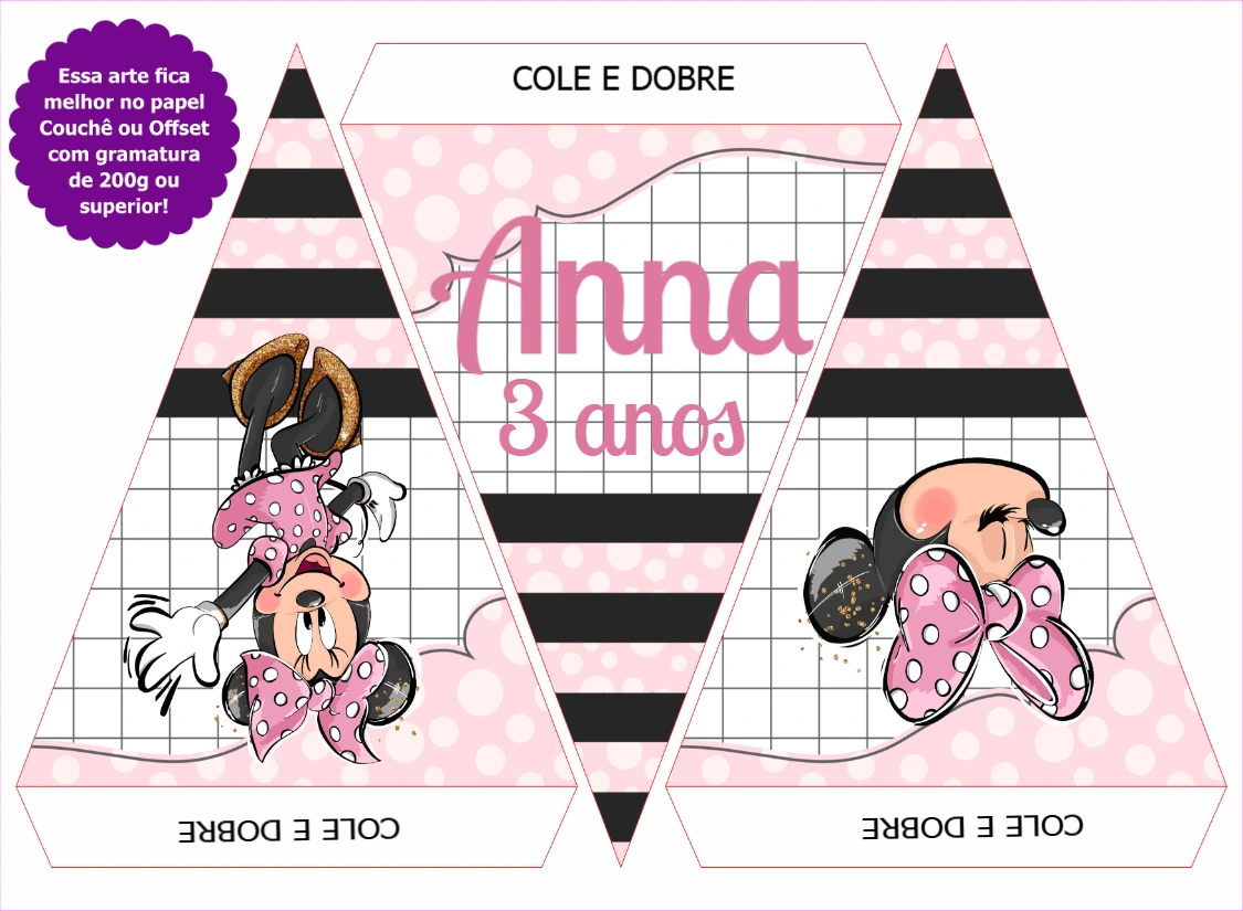 Bandeira Aniversário Minnie Mouse Rosa para Editar Online