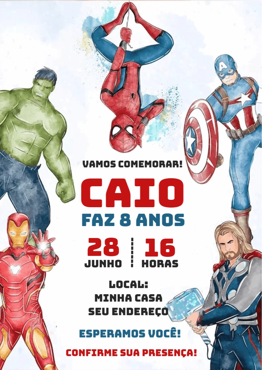 Convite de Aniversário Vingadores com Heróis para Editar Online