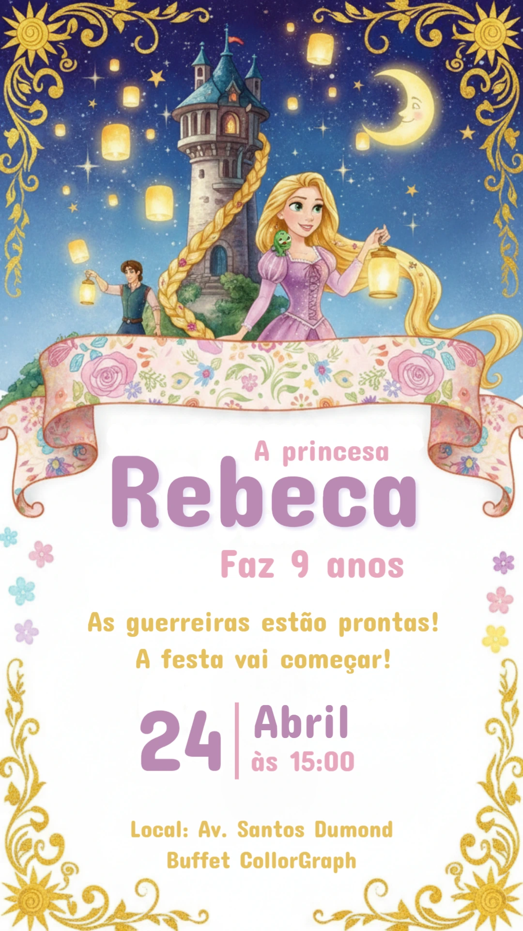 Convite Digital Aniversário Rapunzel Enrolados para Editar