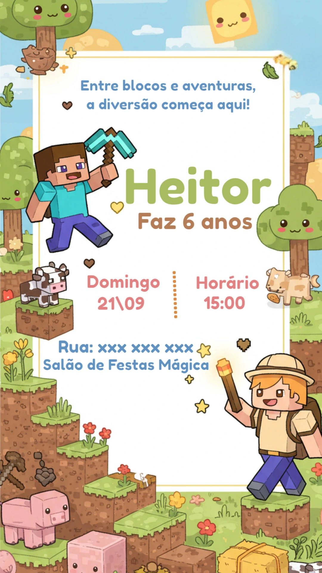 Convite Aniversário Minecraft com Personagens para Editar Online