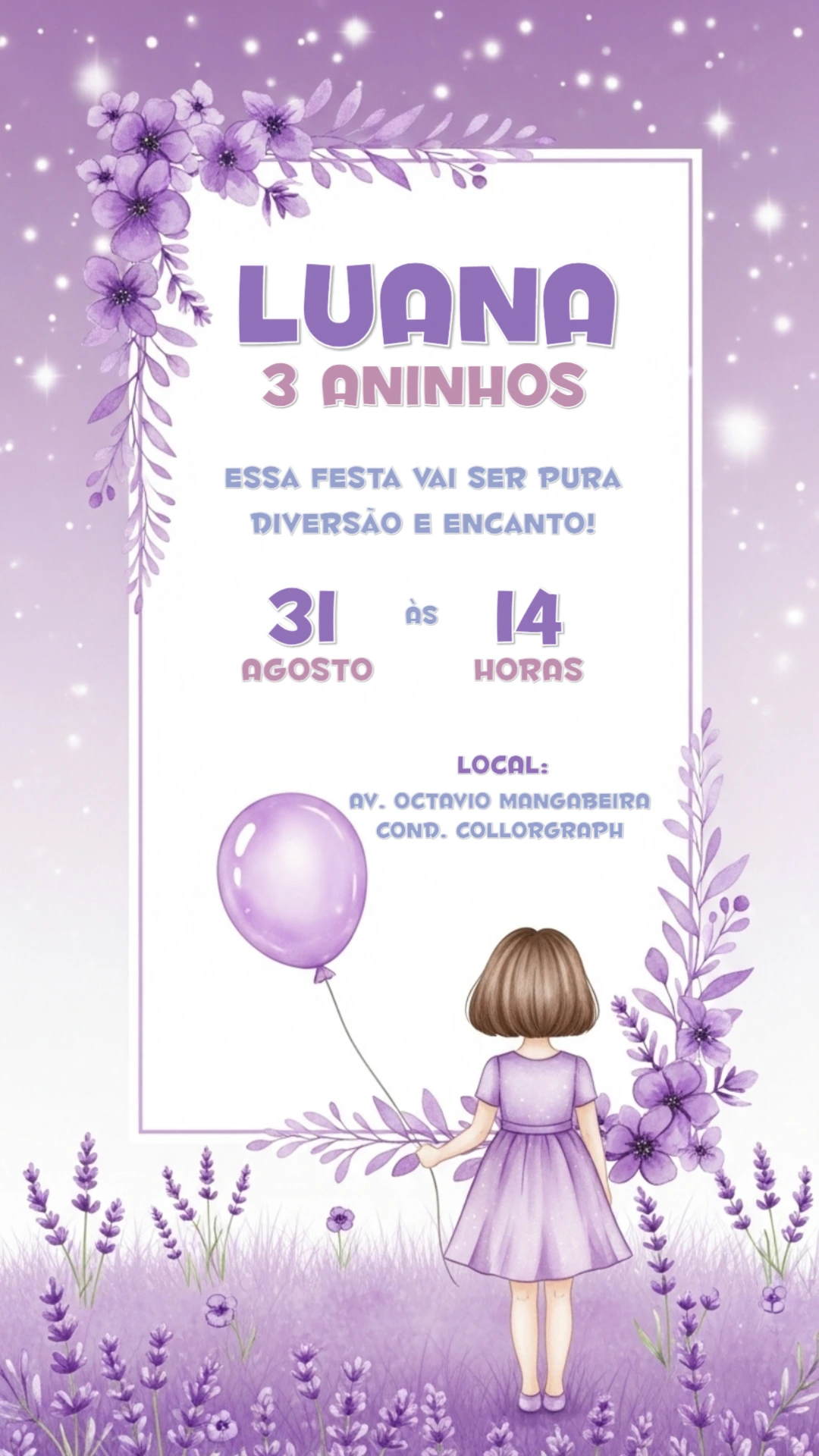 Convite Aniversário Jardim Encantado Lilás para Editar Online