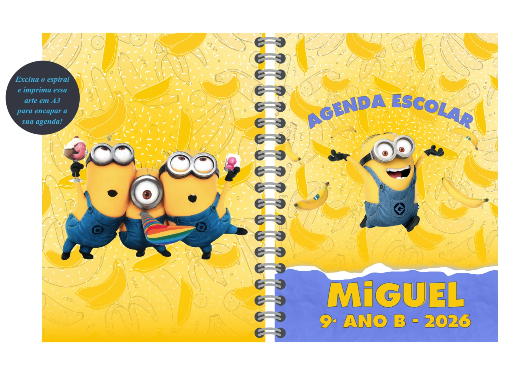 Capa de Agenda Escolar Minions com Personagens para Editar Online