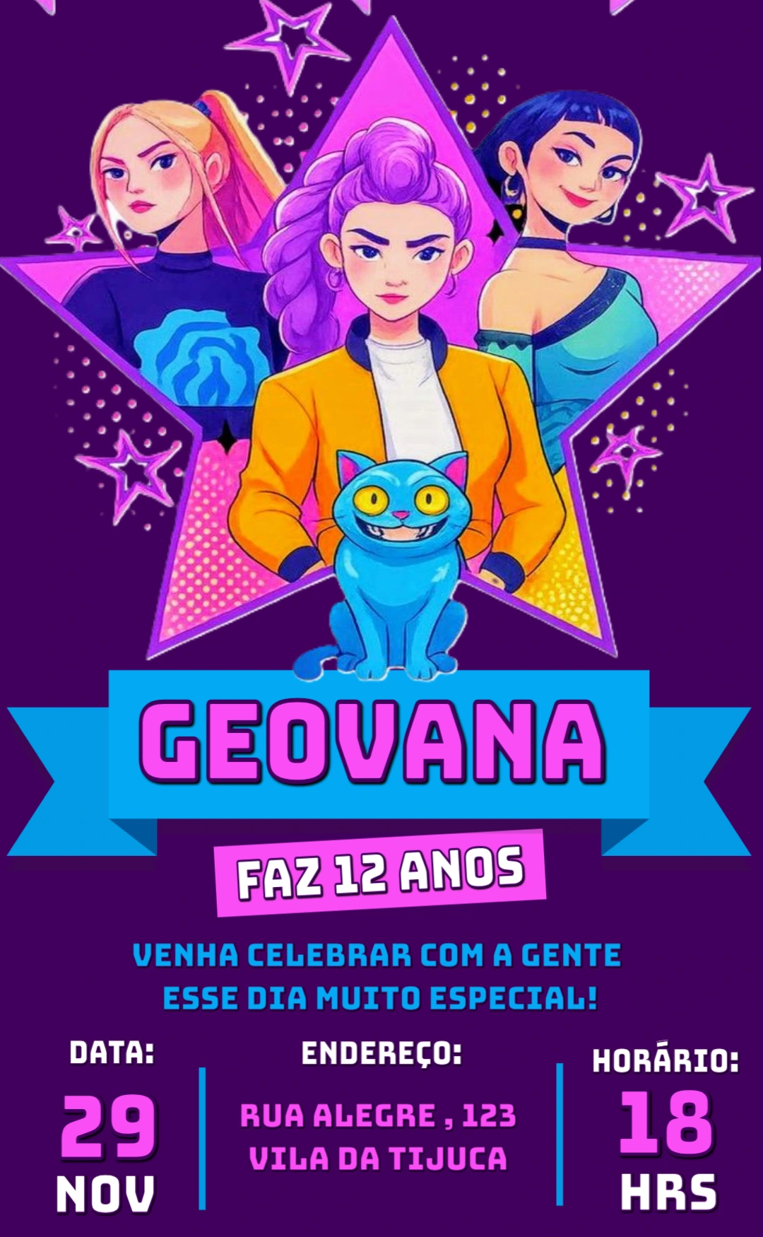 Convite Aniversário K-pop Girl Power para Editar Online