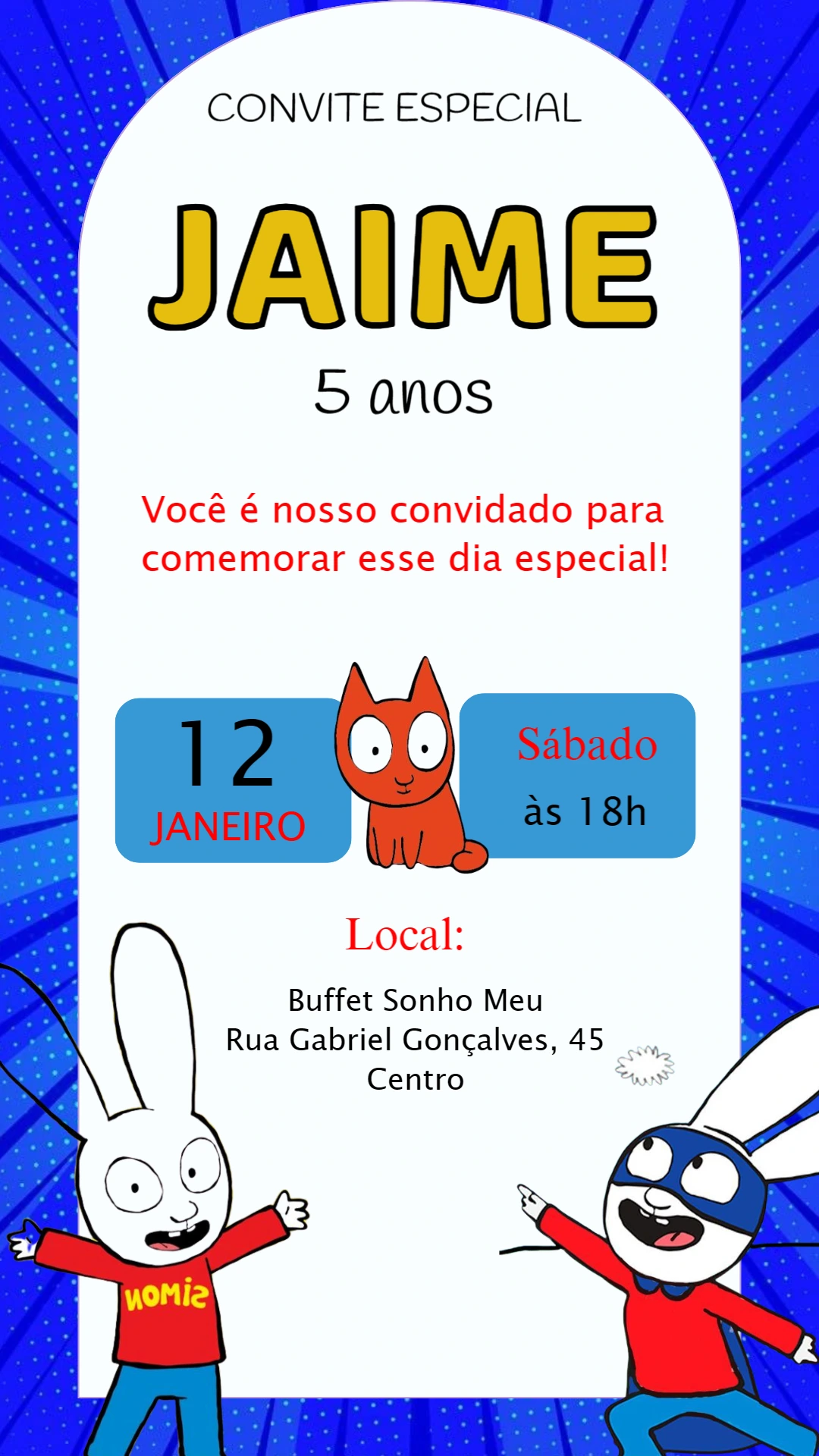 Convite Aniversário Simon com Personagens para Editar Online