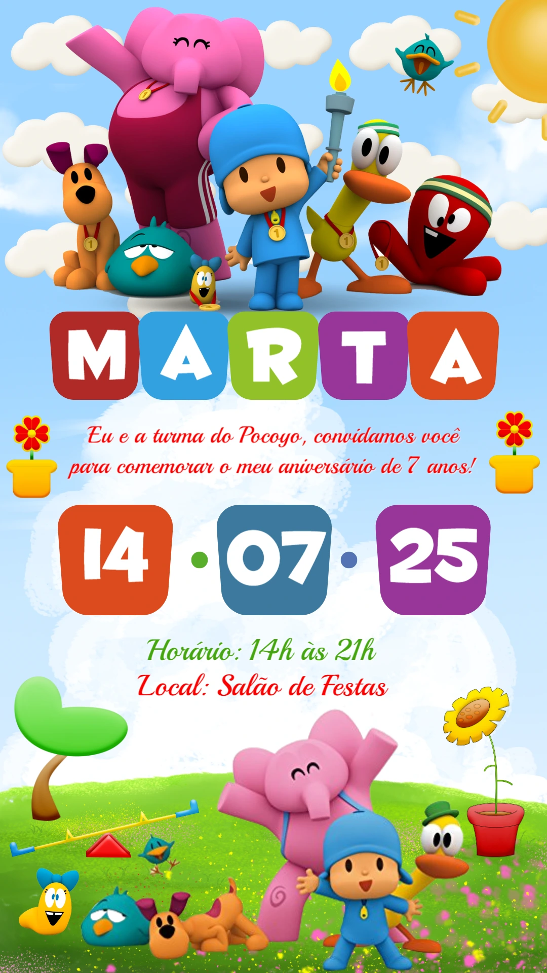 Convite de Aniversário Pocoyo e sua Turma para Editar Online