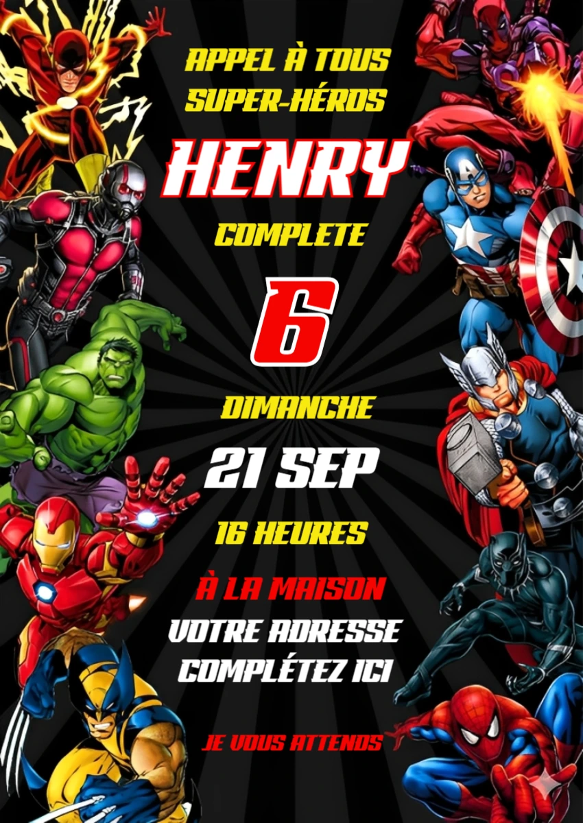 Invitation Anniversaire Super-Héros à Modifier en Ligne