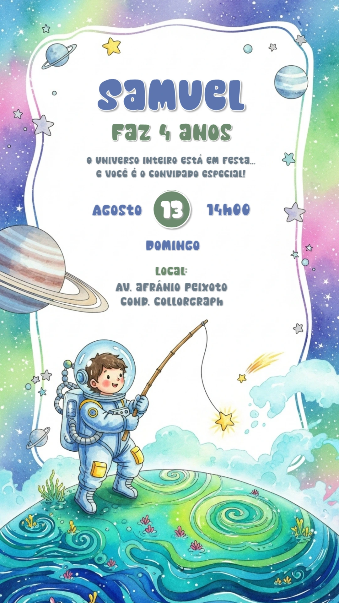 Convite de Aniversário Astronauta Fofo para Editar Online