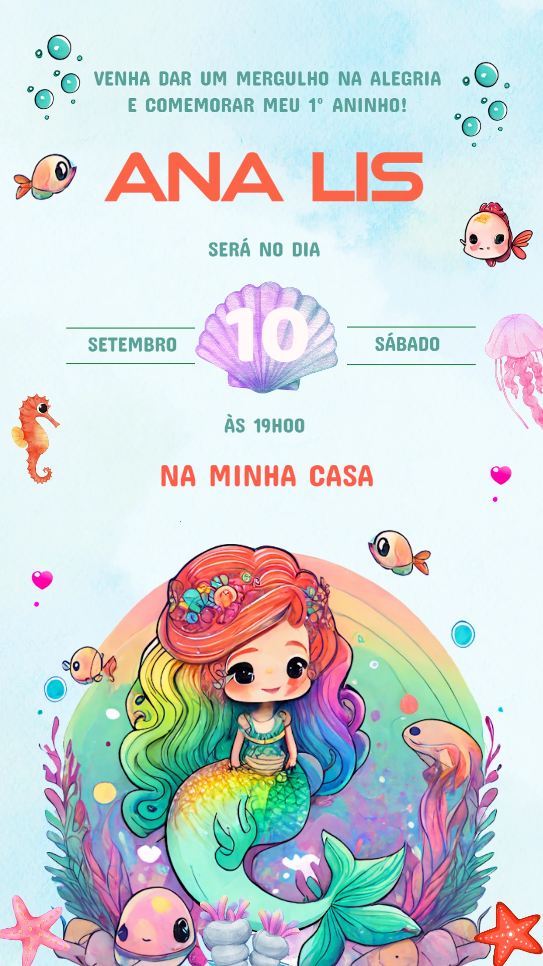 Convite de Aniversário Sereia Fundo do Mar Aquarela Editável