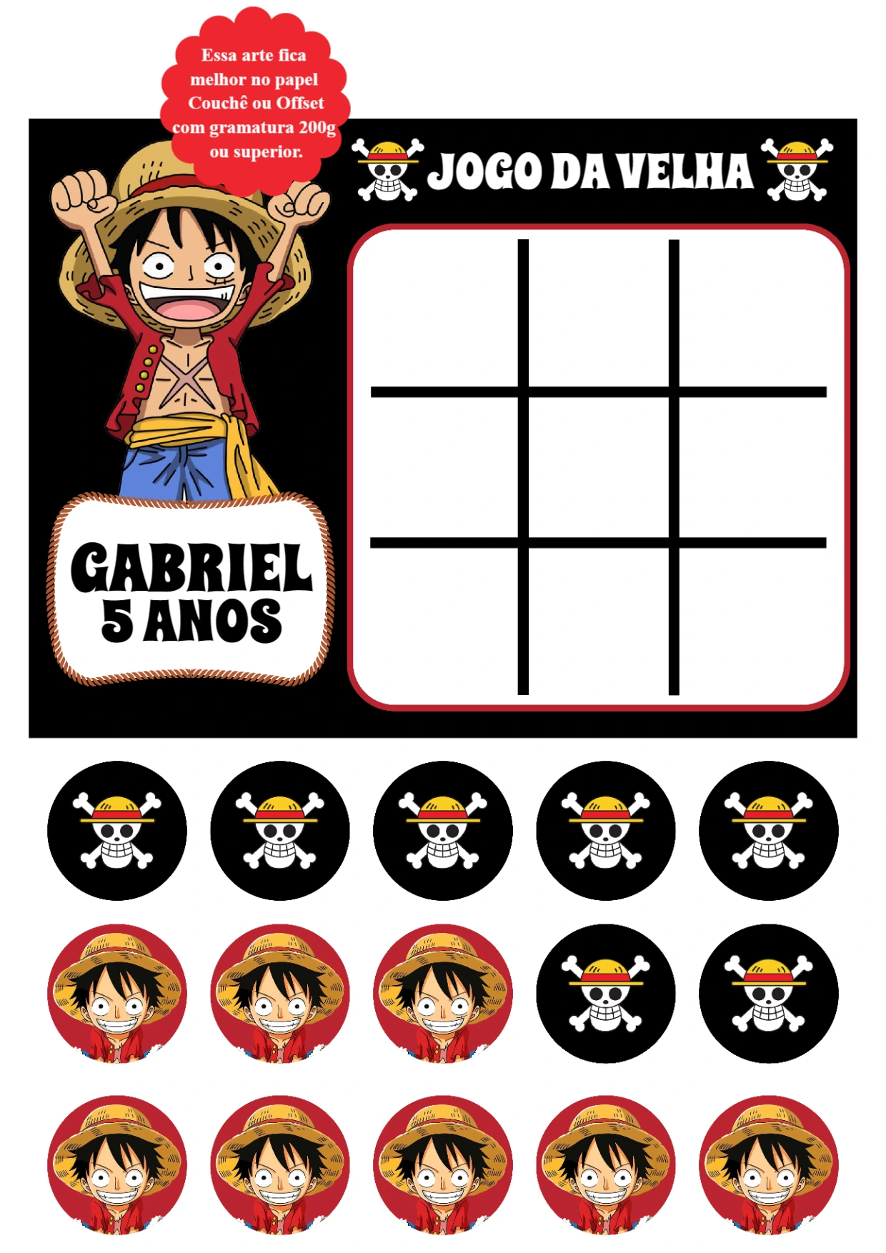 Jogo da Velha One Piece Aniversário para Editar e Imprimir