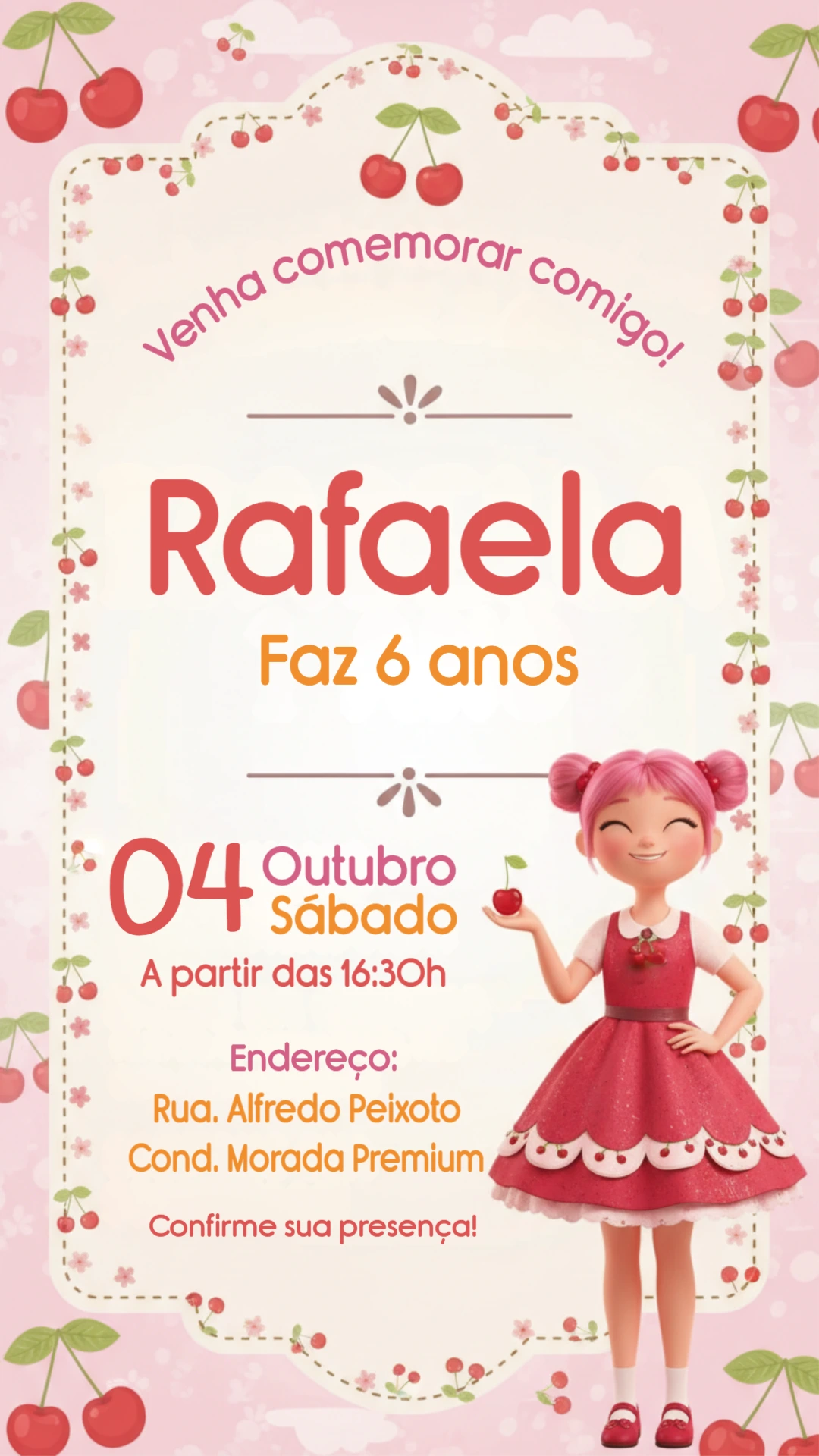 Convite de Aniversário Infantil Tema Cereja Rosa Editável