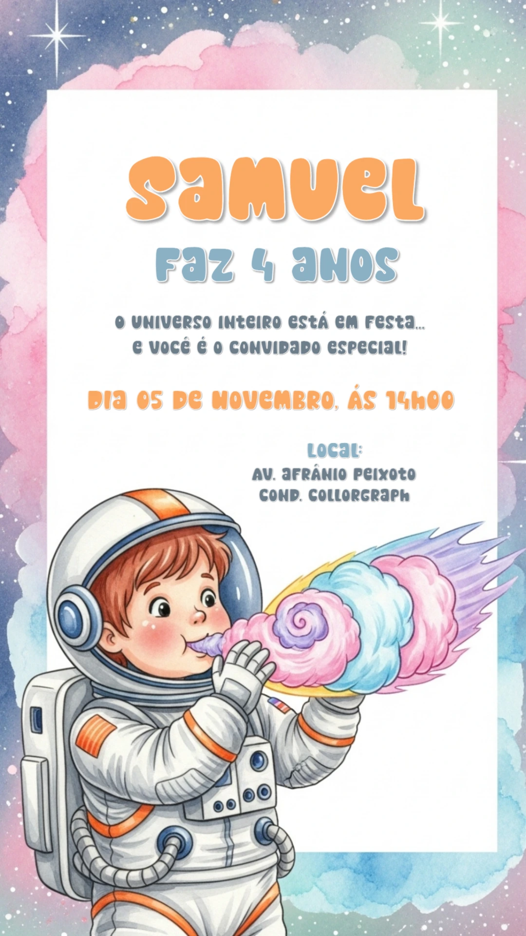 Convite Aniversário Astronauta Fofo para Editar Online