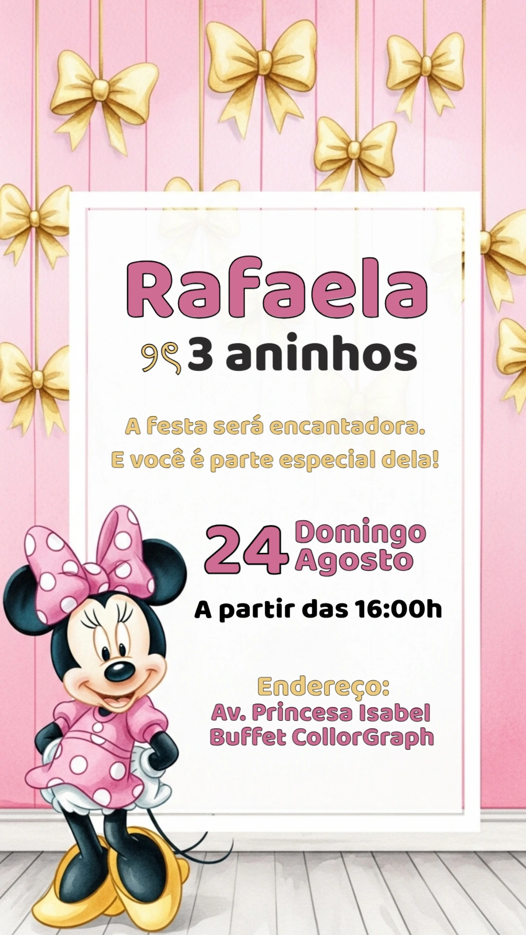 Convite Aniversário Minnie Rosa para Editar Online e Imprimir