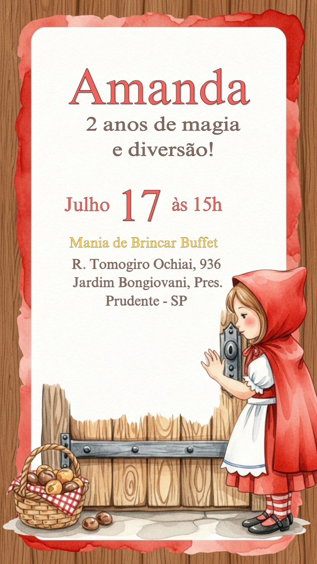 Convite Aniversário Chapeuzinho Vermelho para Editar Online