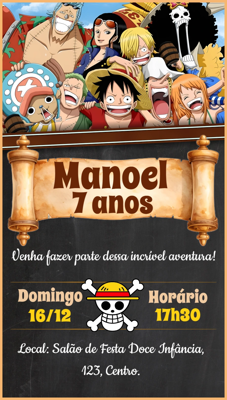 Convite Aniversário One Piece com Personagens para Editar Online