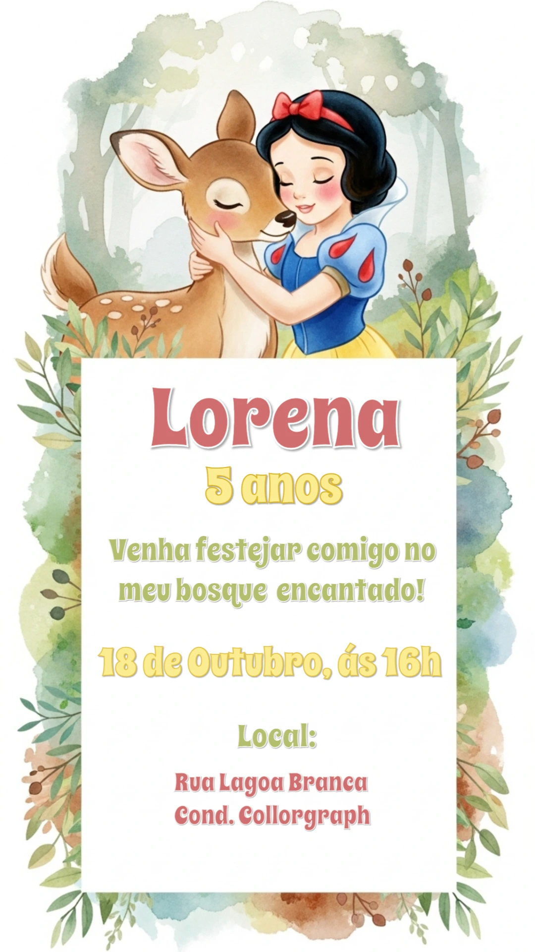 Convite de Aniversário Branca de Neve no Bosque para Editar
