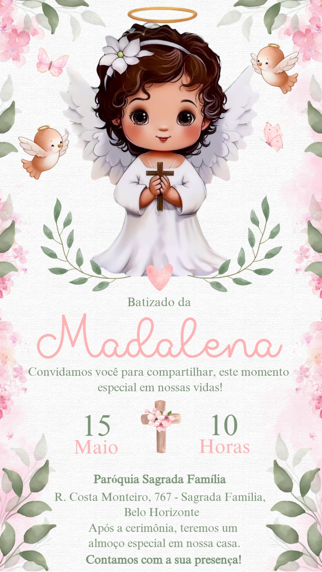 Convite Batizado Anjinha Morena Editável Online para Imprimir