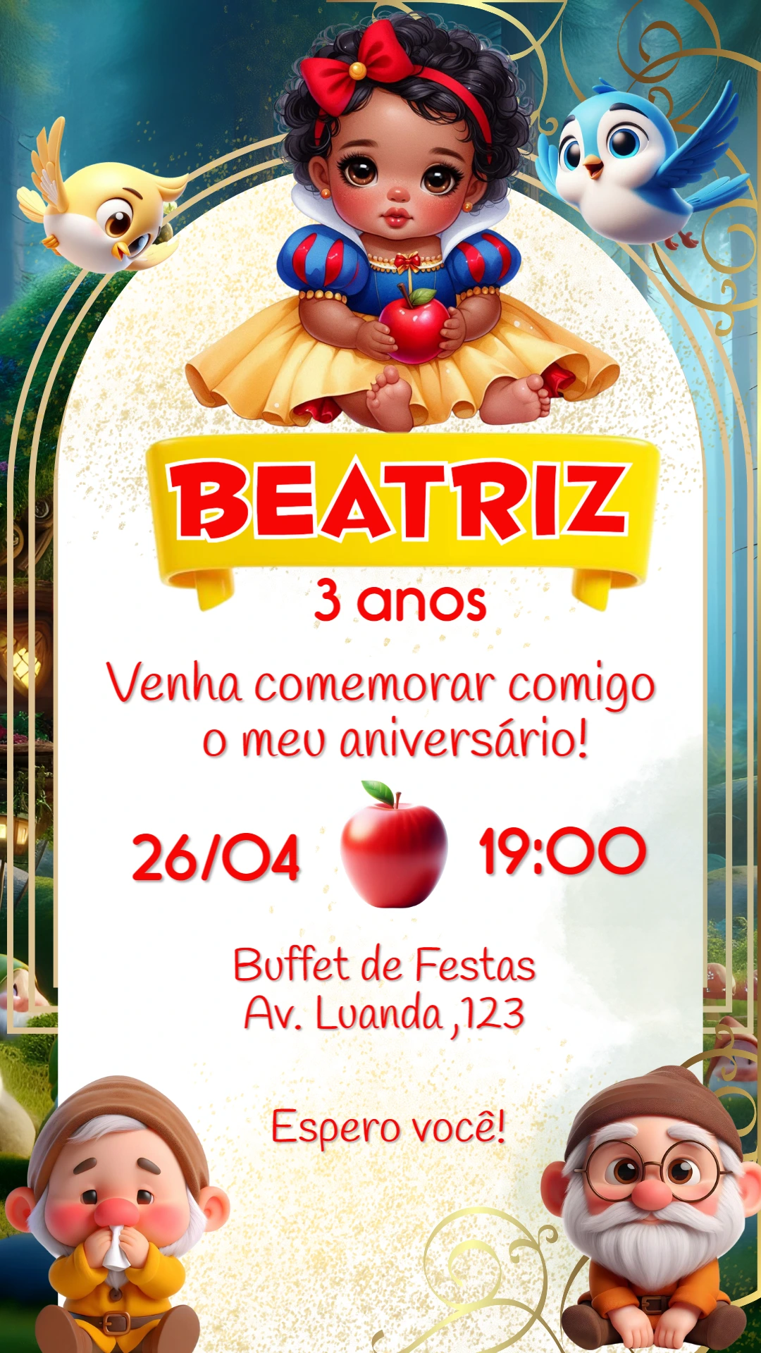Convite Aniversário Branca de Neve Cute para Editar Online