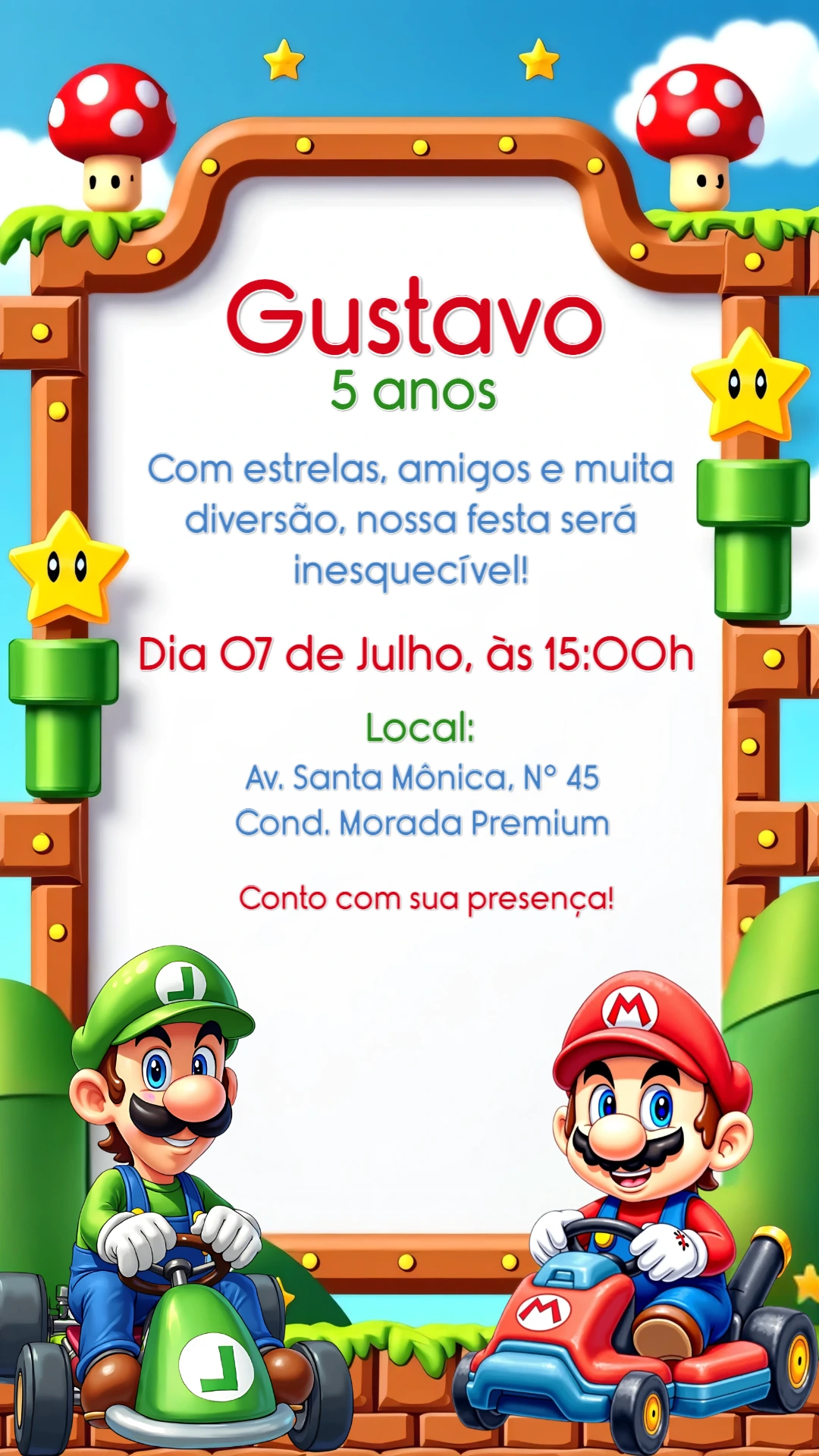 Convite de Aniversário Mario Kart com Luigi para Editar Online