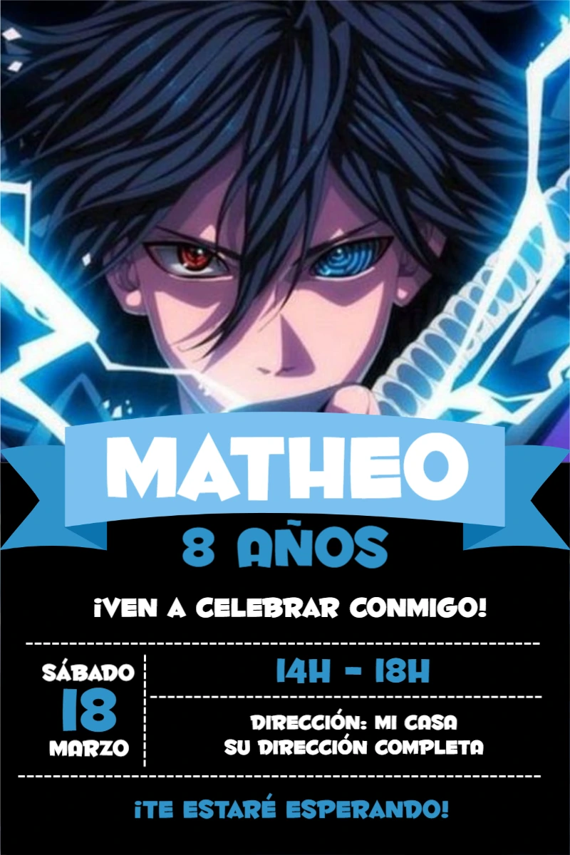 Invitación de Cumpleaños Anime Sasuke para Editar Online