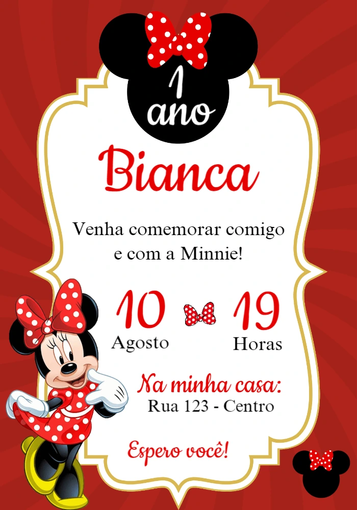 Convite de Aniversário Minnie Mouse Vermelha para Editar Online