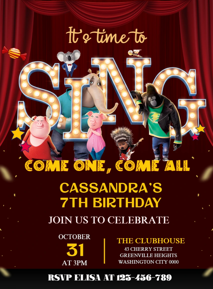 Sing Movie Birthday Invitation Template to Edit Online