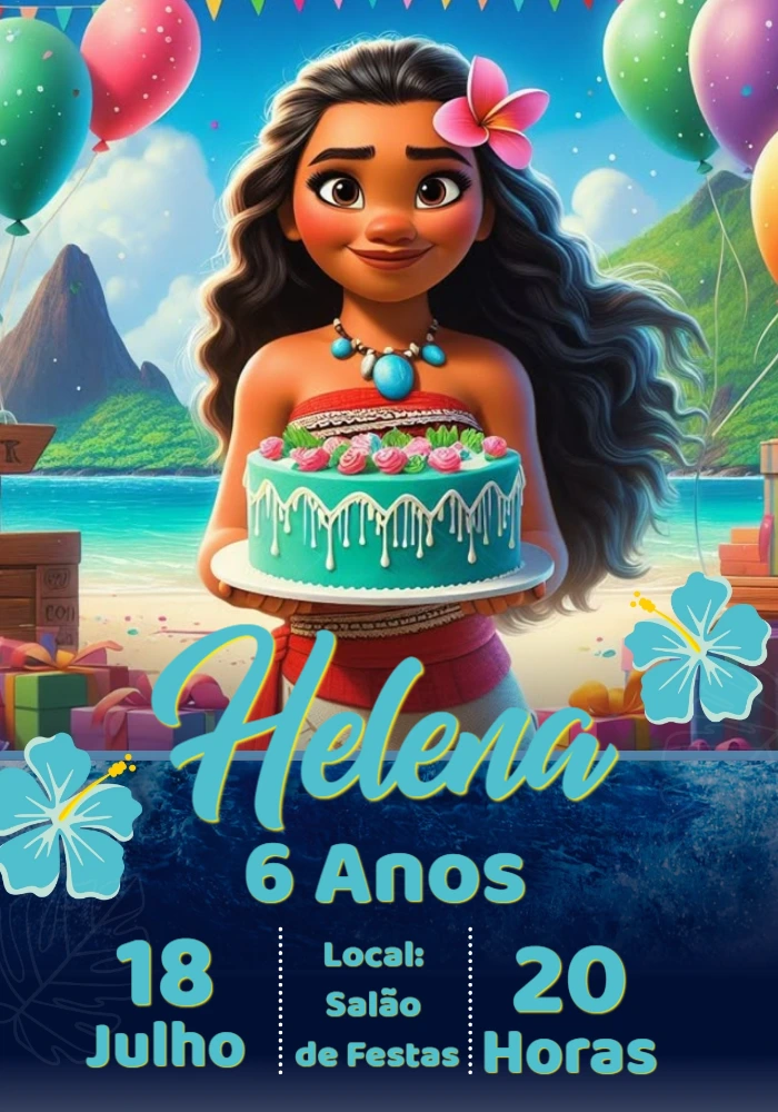 Convite de Aniversário Moana para Editar Online e Imprimir