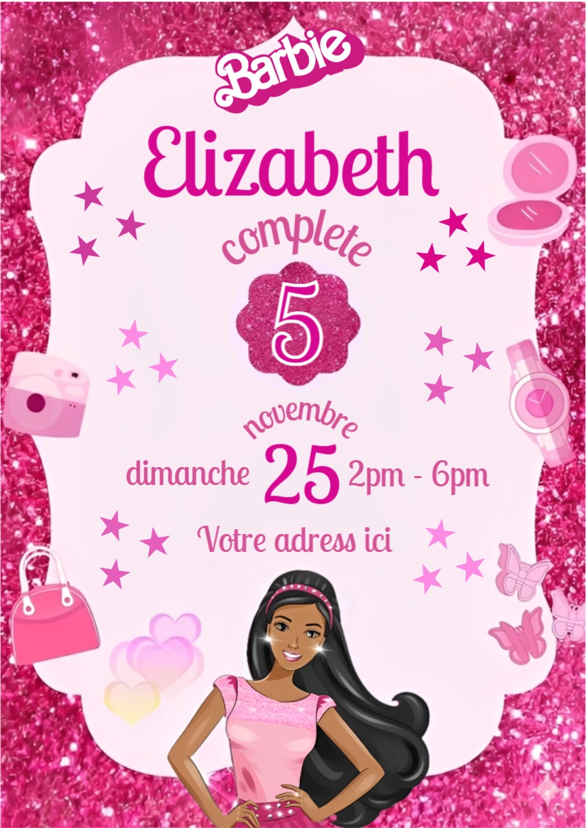Invitation Anniversaire Barbie Rose à Paillettes - Modèle à Modifier