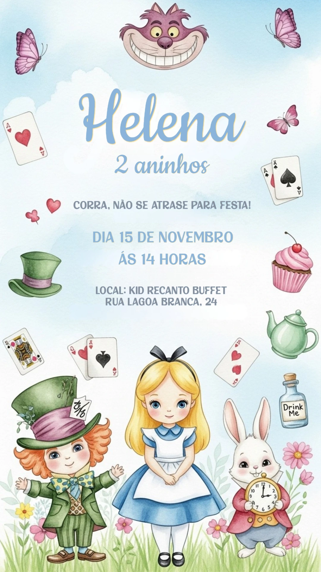 Convite Aniversário Alice no País das Maravilhas para Editar