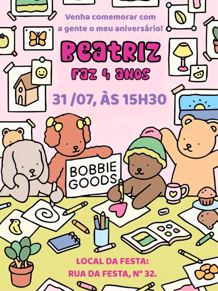 Convite de Aniversário Infantil Ursinhos Fofos para Editar