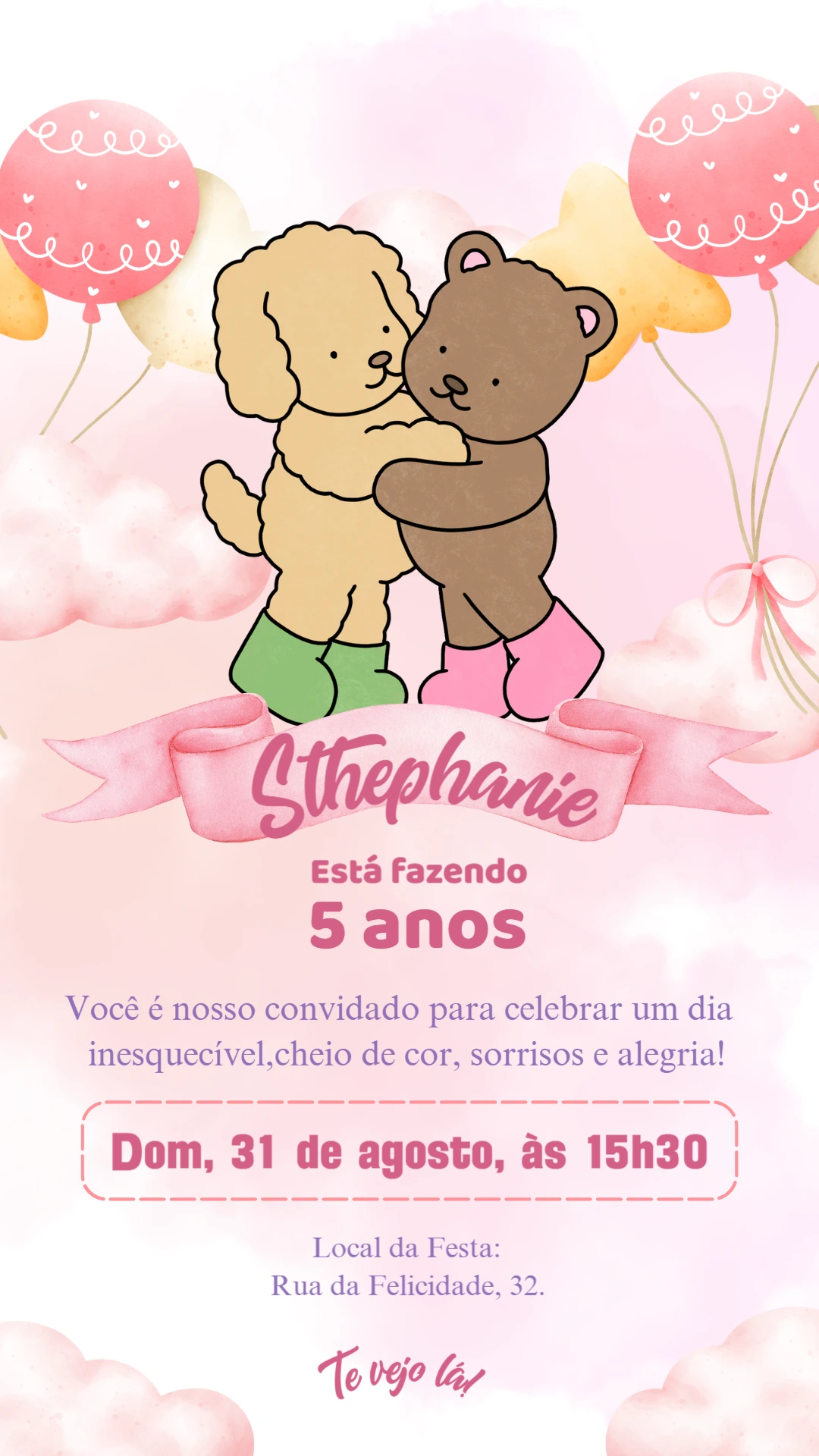 Convite Aniversário Bobbie Goods com Ursinho para Editar Online