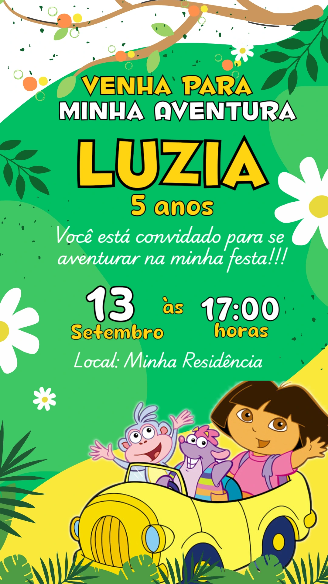 Convite de Aniversário Dora a Aventureira para Editar Online