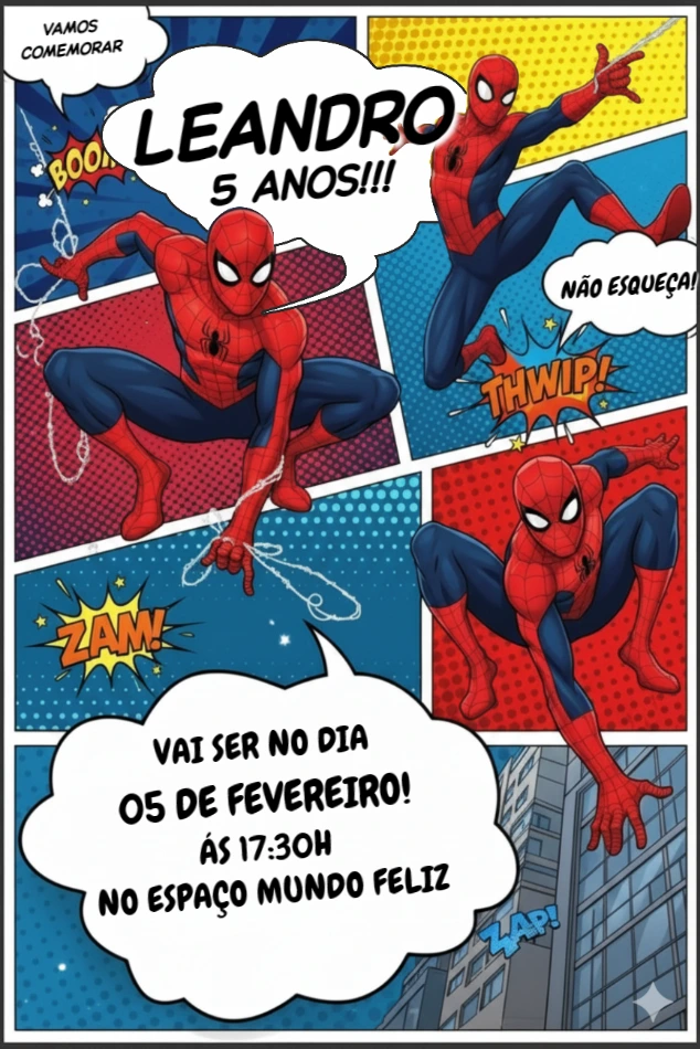 Convite Aniversário Homem Aranha para Editar Online