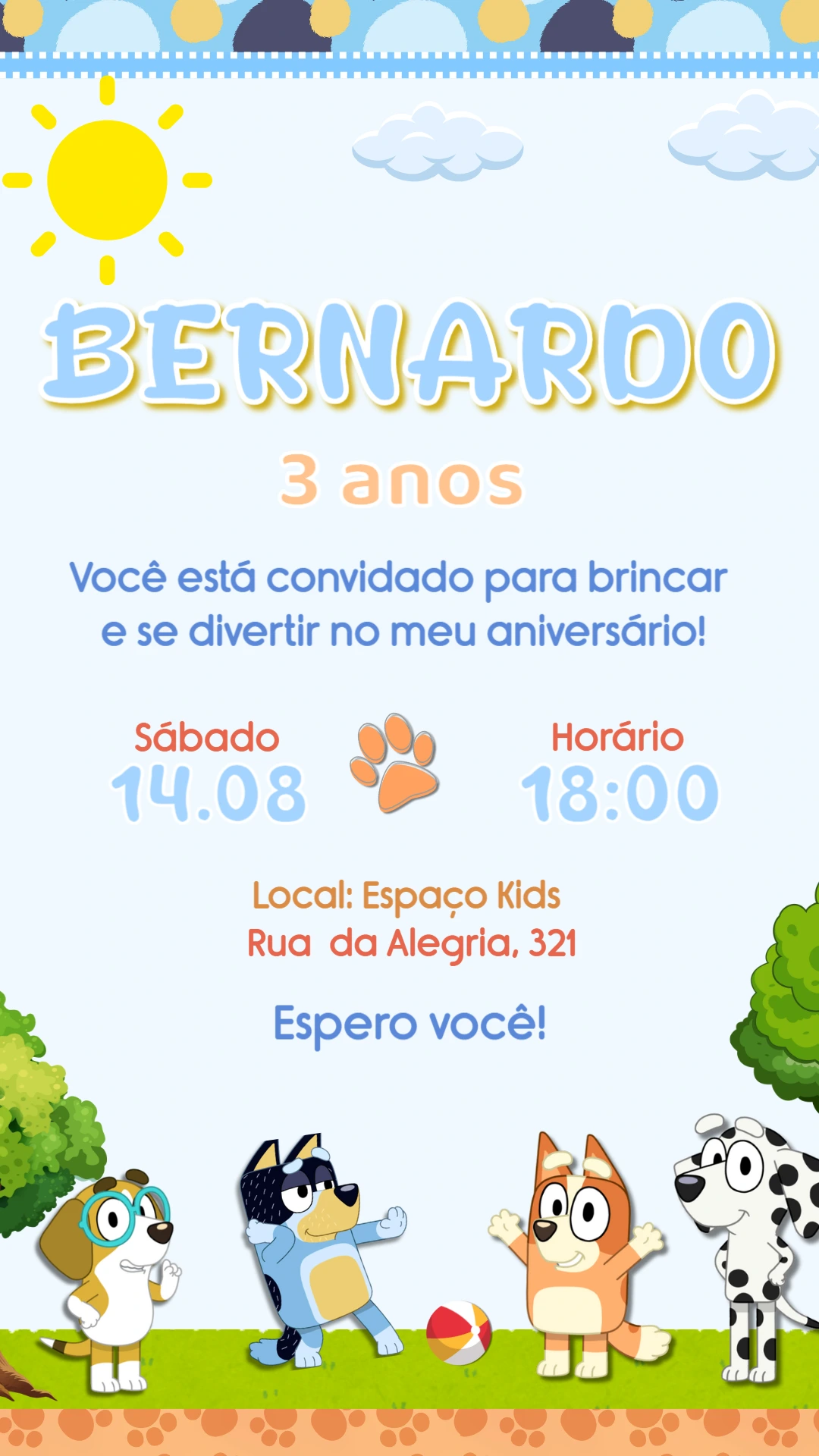 Convite de Aniversário Bluey e Bingo para Editar Online