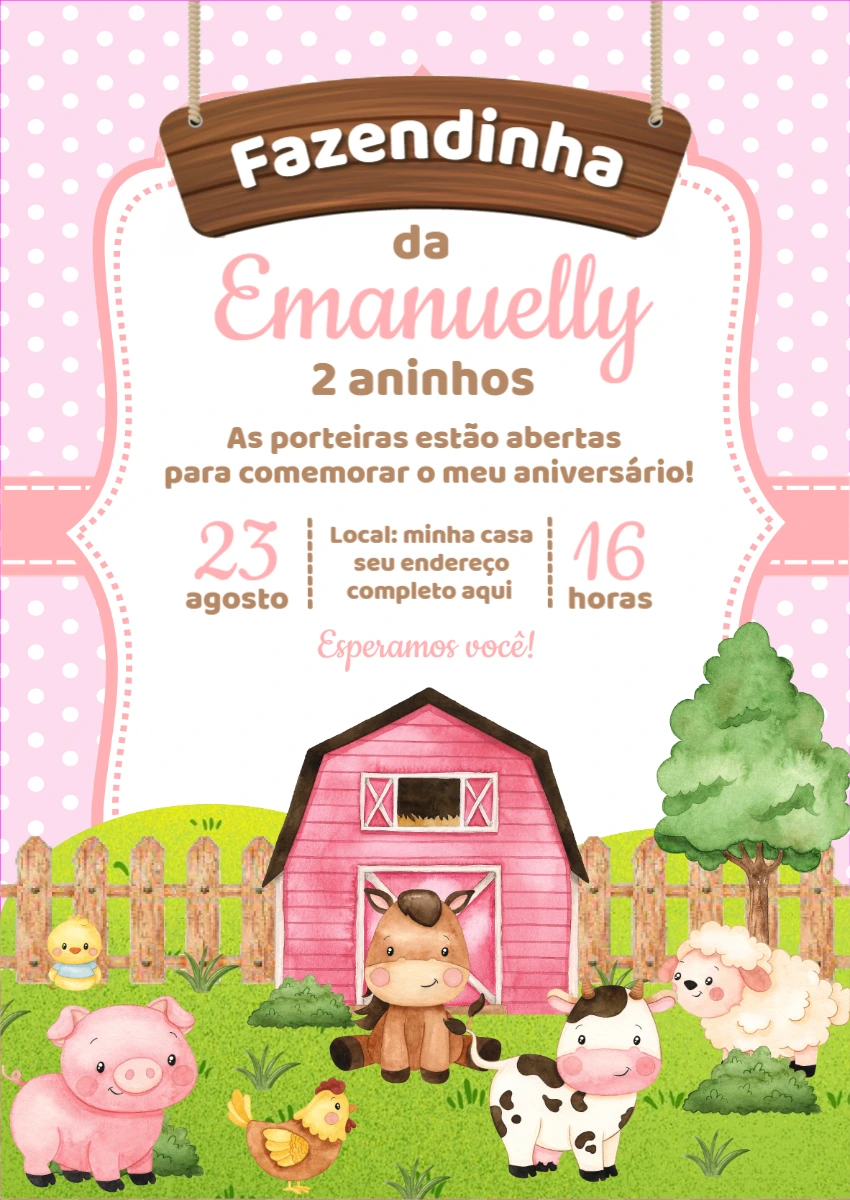 Convite de Aniversário Fazendinha Rosa para Editar Online