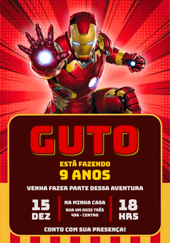 Convite Digital Aniversário Infantil Homem de Ferro Editável