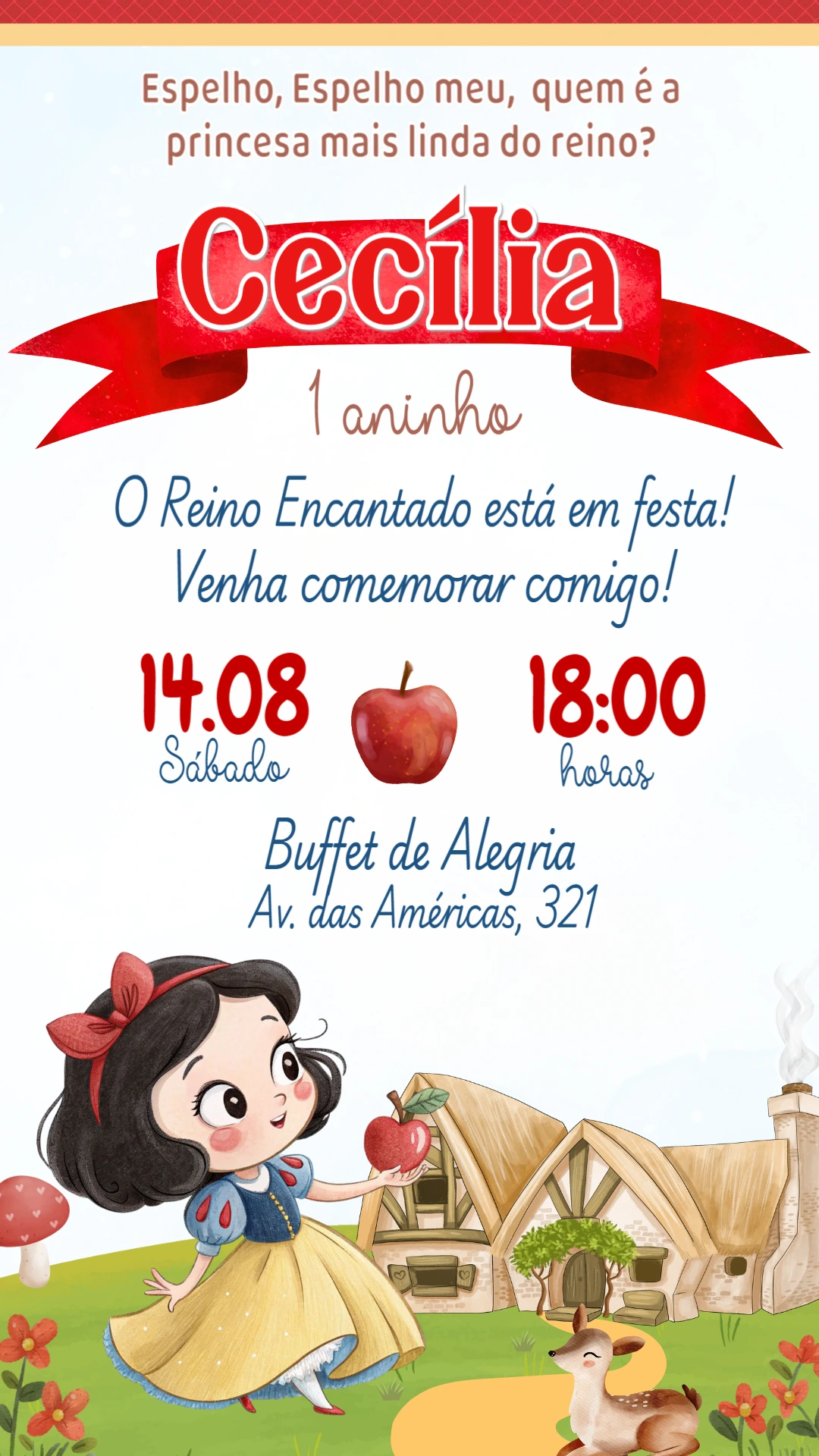 Convite Aniversário Branca de Neve Cute para Editar Online