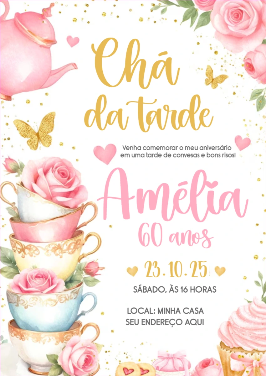 Convite Aniversário Chá da Tarde Floral para Editar Online