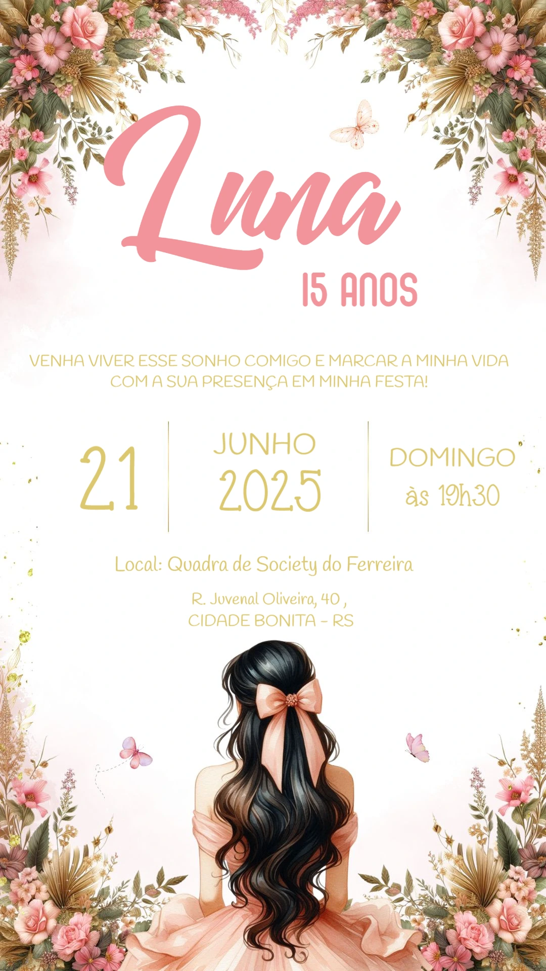 Convite de 15 Anos Floral com Ilustração para Editar Online