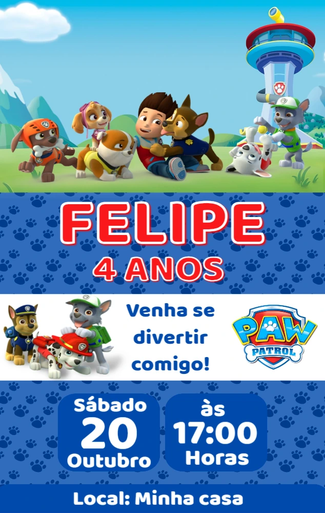 Convite de Aniversário Patrulha Canina para Editar Online