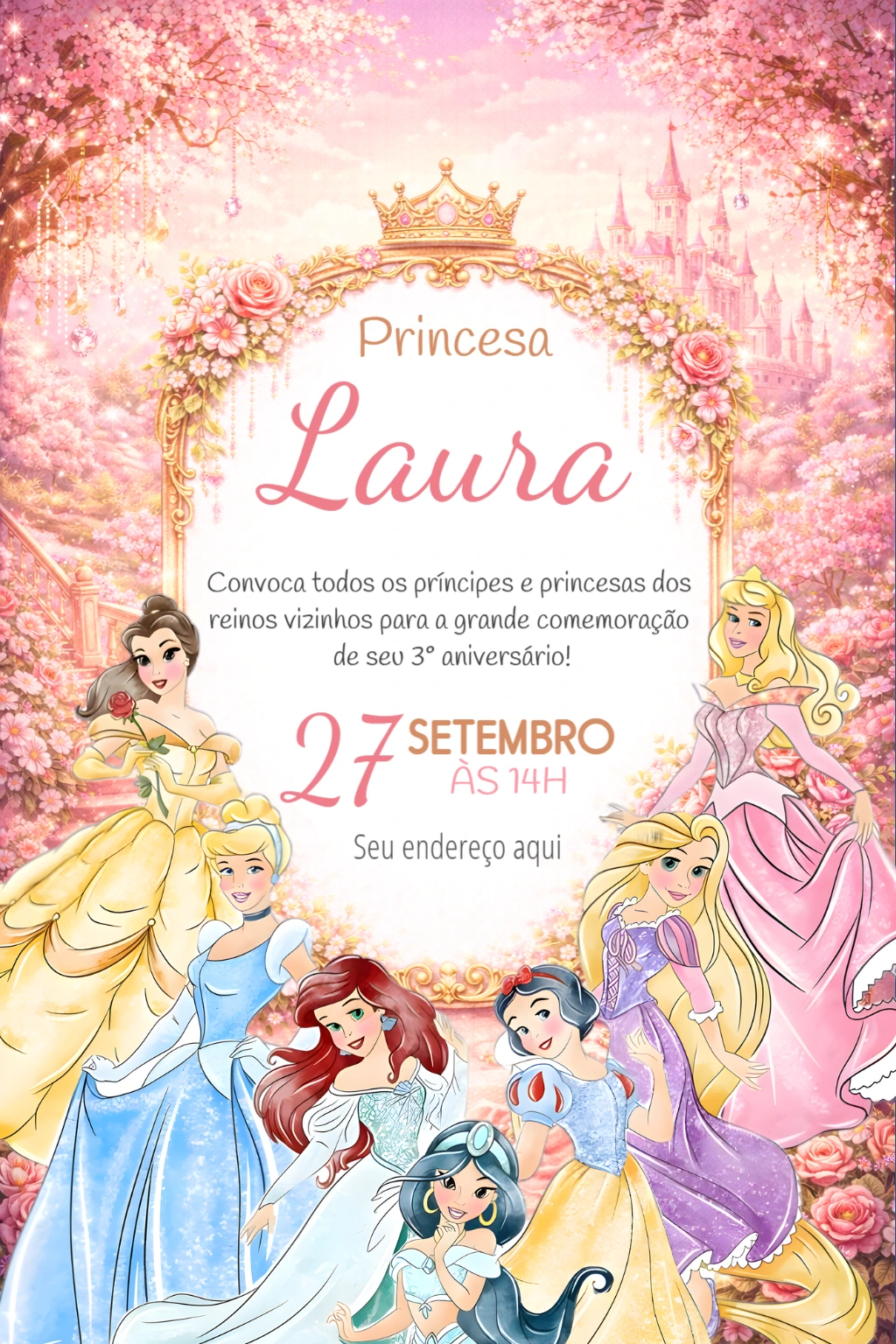 Convite de Aniversário Princesas Disney Rosa Editável